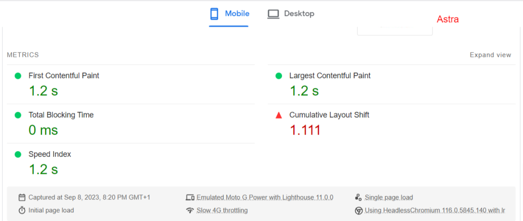 page speed insights test result for astra theme - CyberNaira A screenshot of PageSpeed Insights mobile performance metrics for a website using the Astra theme. The report shows a First Contentful Paint (FCP) of 1.2s, a Largest Contentful Paint (LCP) of 1.2s, and an impressive Speed Index of 1.2s. The Total Blocking Time (TBT) is 0ms, though the Cumulative Layout Shift (CLS) is flagged at 1.111. The data, captured on September 8, 2023, was tested on an emulated Moto G Power device using slow 4G throttling to measure real-world mobile speed and responsiveness.