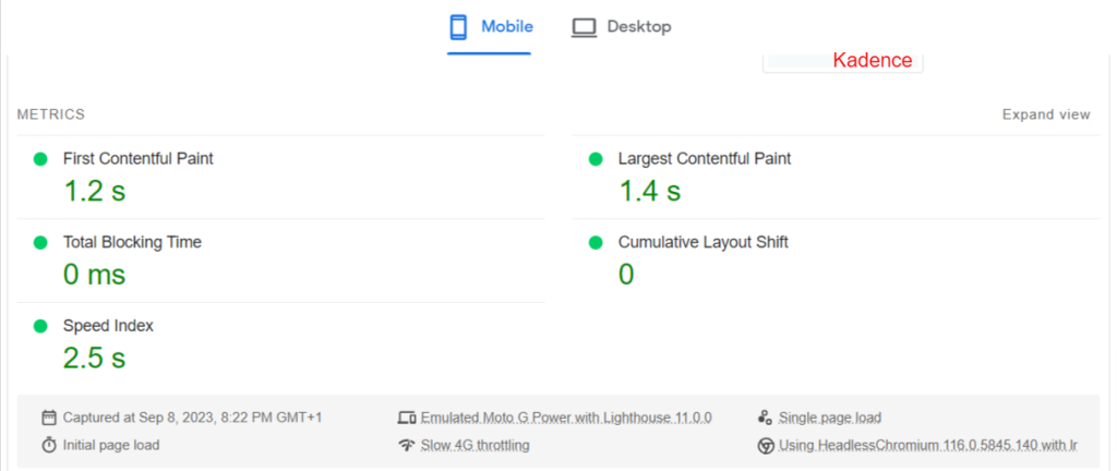 page speed insights test result for kadence theme - CyberNaira A screenshot of PageSpeed Insights mobile performance metrics for a website using the Kadence theme. The dashboard displays key performance indicators including a First Contentful Paint (FCP) of 1.2s, a Largest Contentful Paint (LCP) of 1.4s, and a Speed Index of 2.5s. Both Total Blocking Time (TBT) and Cumulative Layout Shift (CLS) are optimized at 0. The report, captured on September 8, 2023, reflects testing on an emulated Moto G Power device with slow 4G throttling to simulate real-world mobile user conditions.