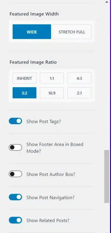 wordpress customizer post layout settings featured image WordPress Customizer post settings showing featured image width, image ratio options, and toggles for tags, author box, navigation, and related posts.