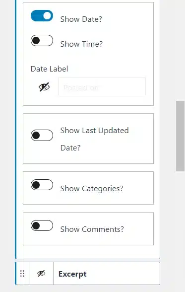 wordpress customizer post meta display settings WordPress Customizer post meta settings showing options to display post date, time, last updated date, categories, and comments.