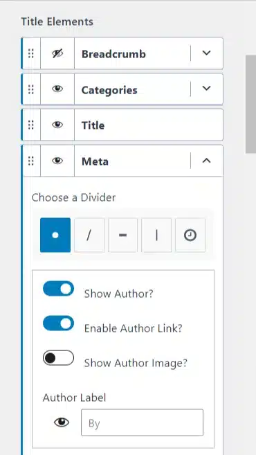 wordpress customizer title elements and post meta settings WordPress Customizer title elements settings showing breadcrumb, categories, title, and post meta options including author display settings.