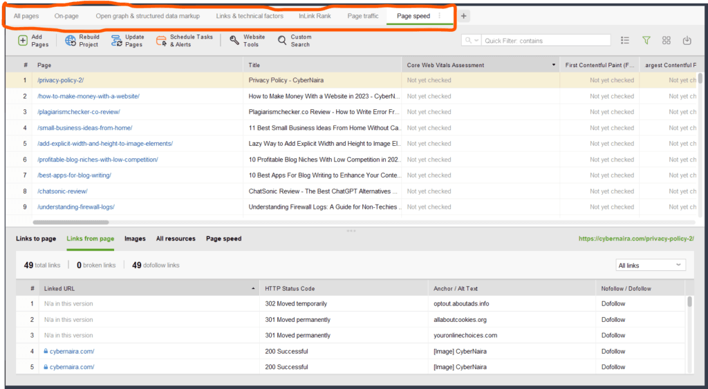 Pages tab in Website Auditor 