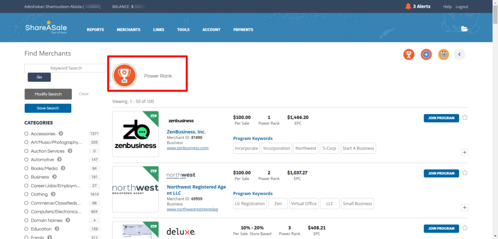 ShareASale View and Search Merchant List Affiliate Account Manager Adeshokan Shamsudeen Abiola - CyberNaira Shareasale merchants list ranked by Power Rank