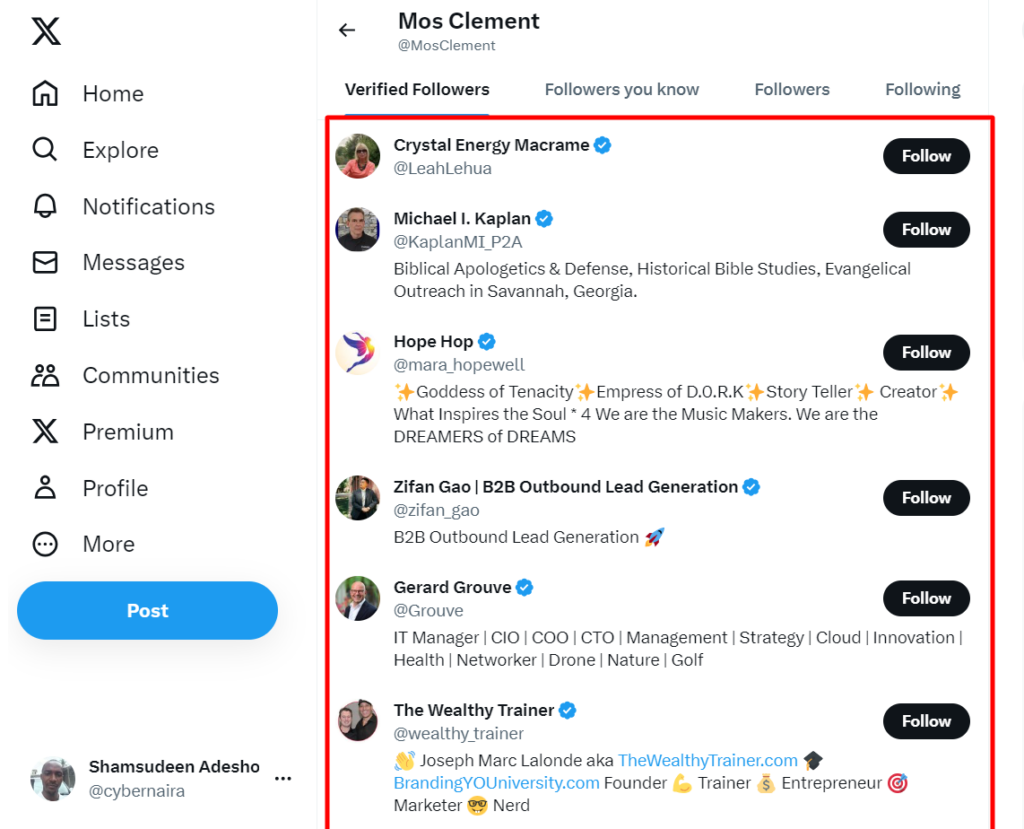 Verified accounts following Mos Clement MosClement X - CyberNaira Verified-accounts-following-Mos-Clement-MosClement-X