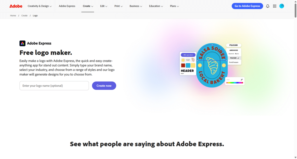 Adobe Express Free Logo Maker homepage showing the AI powered logo creation tool with logo customization options and branding features.