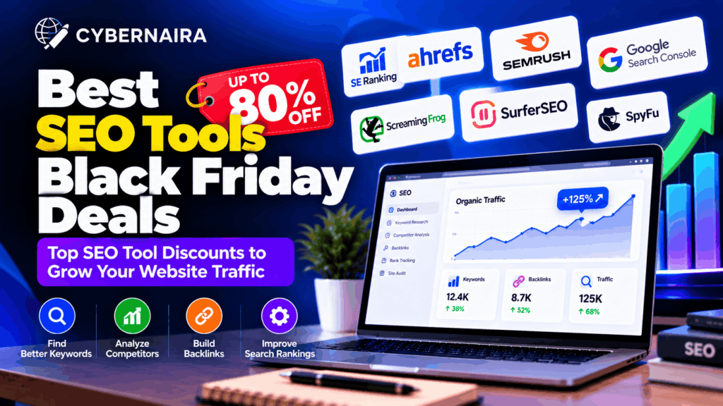 best black friday seo tools deals top discounts Laptop displaying SEO analytics dashboard next to SEO software logos and up to 80 percent off discount tag.