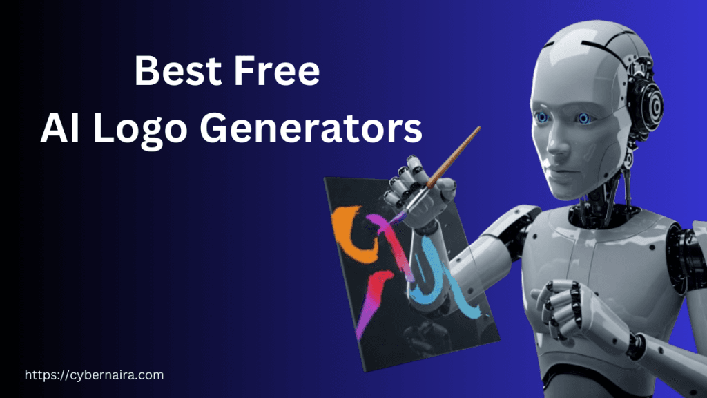 White robot holding a paintbrush next to "Best Free AI Logo Generators" text on a blue background.