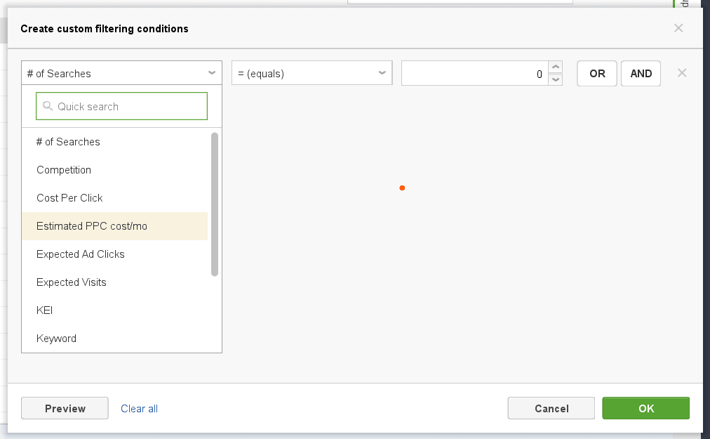 custom filtering conditions for keyword data rank tracker Rank Tracker custom filtering conditions dialog box displaying search metrics and operator options.