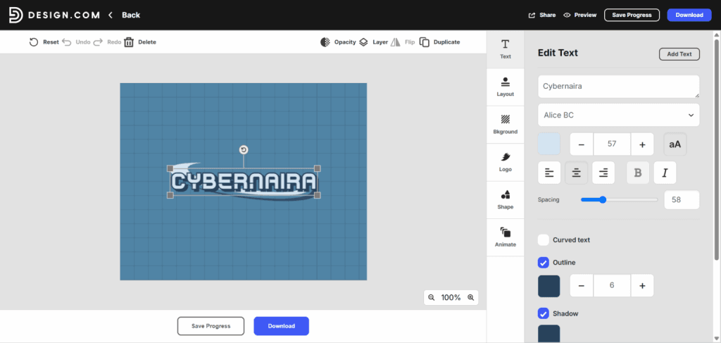 Design com logo editor dashboard with text editing tools for Cybernaira brand name.