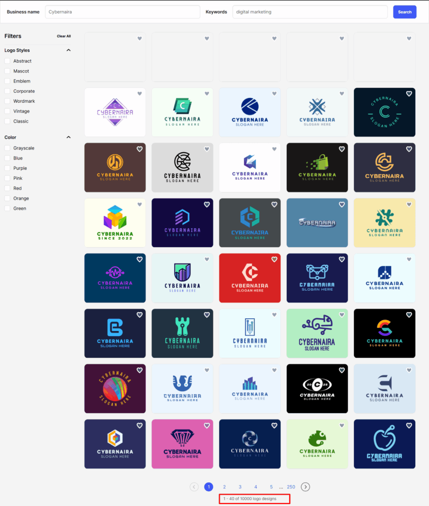 Grid of varied logo designs with a sidebar showing filter options for logo styles and colors.