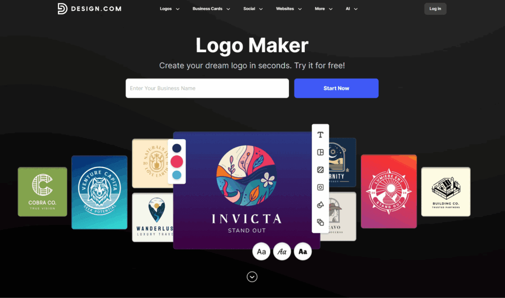 Design com logo maker interface displaying various brand designs and a customization panel.