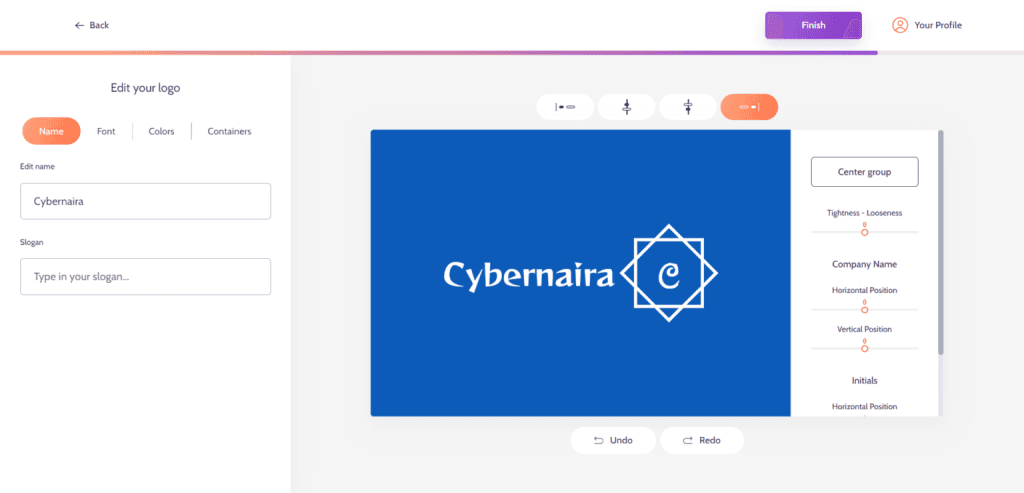 Designs ai logo maker interface with text editing options for Cybernaira on a blue canvas.