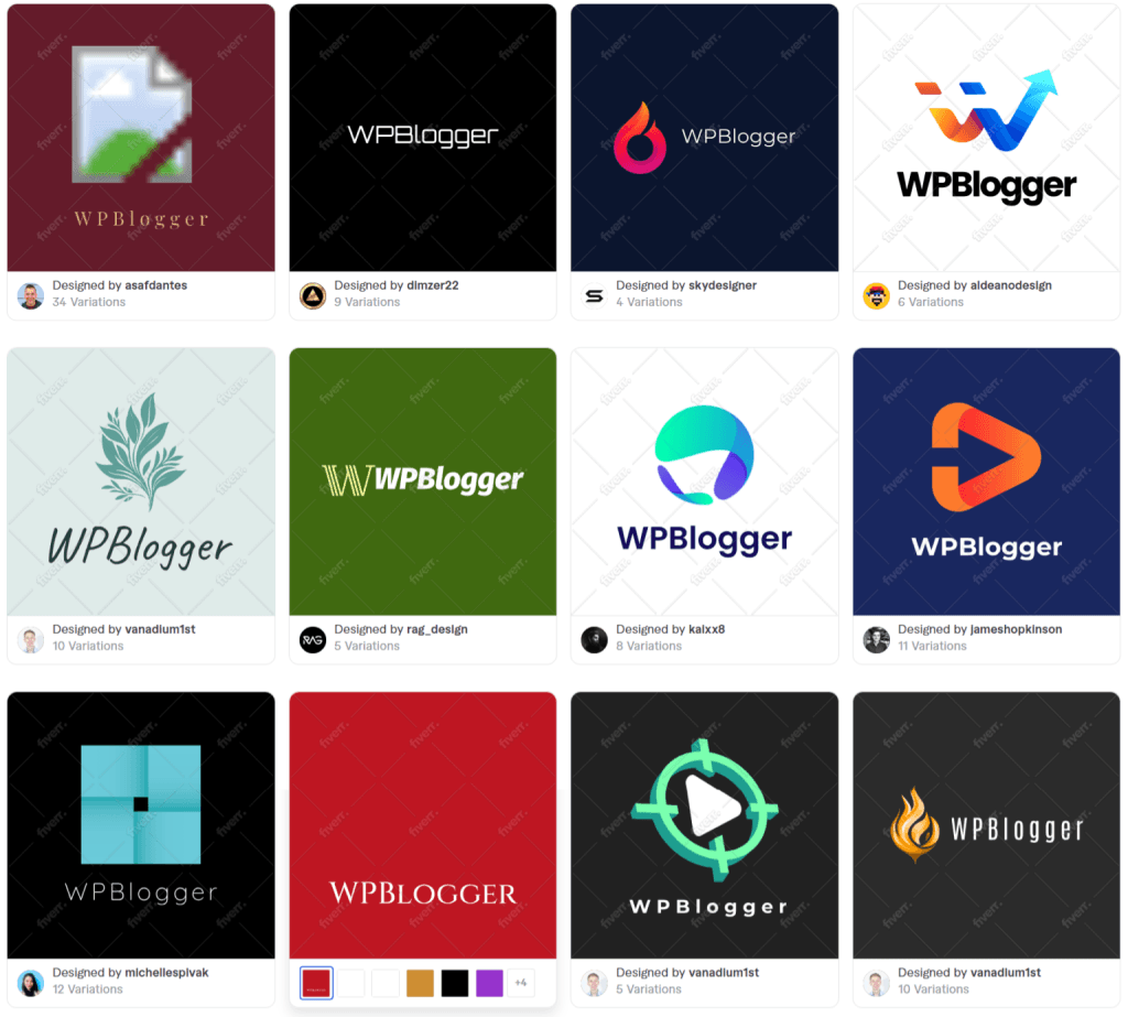 Grid of a brand logo designs featuring various symbols, colors, and designer credits from Fiverr.