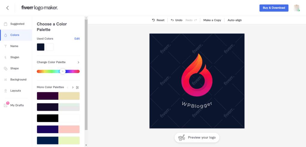 Fiverr logo maker dashboard with color palette selection and flaming droplet logo preview for a brand website.