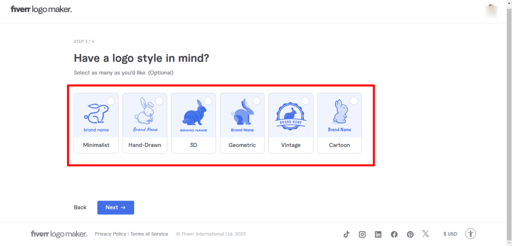 Fiverr logo maker interface displaying logo style options like Minimalist, Hand-Drawn, 3D, Geometric, Vintage, and Cartoon.