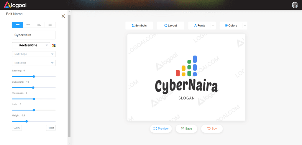 Logoai editor interface displaying customization tools for symbols, layout, fonts, and colors for a CyberNaira logo.
