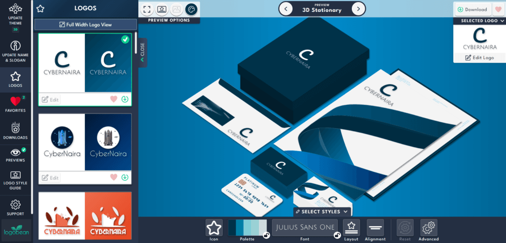 Logobean interface showing logo variations and 3D stationery mockups including business cards, envelopes, and letterheads.