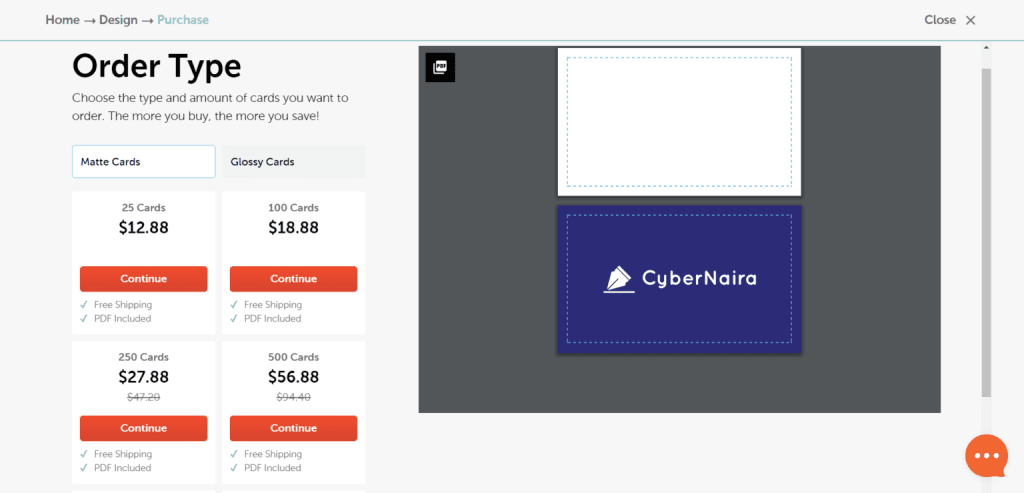 Namecheap business card order page showing pricing for matte and glossy cards with Cybernaira logo preview.