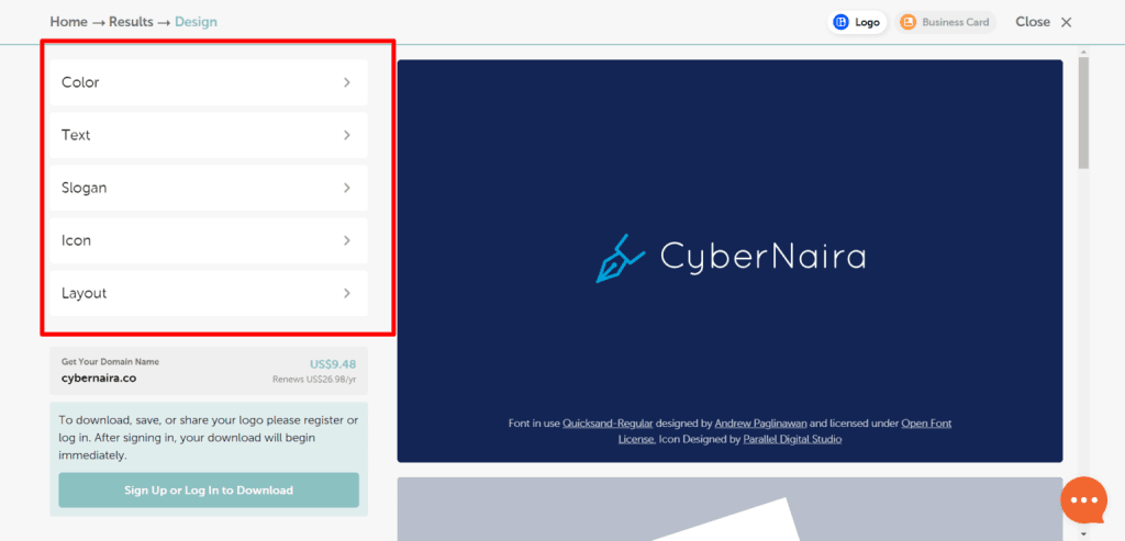 Namecheap logo maker interface showing color, text, slogan, icon, and layout options for a Cybernaira logo.