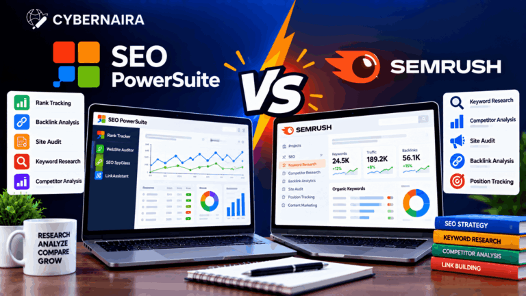 Two laptops comparing SEO PowerSuite and Semrush dashboards with metrics, charts, and tool features.