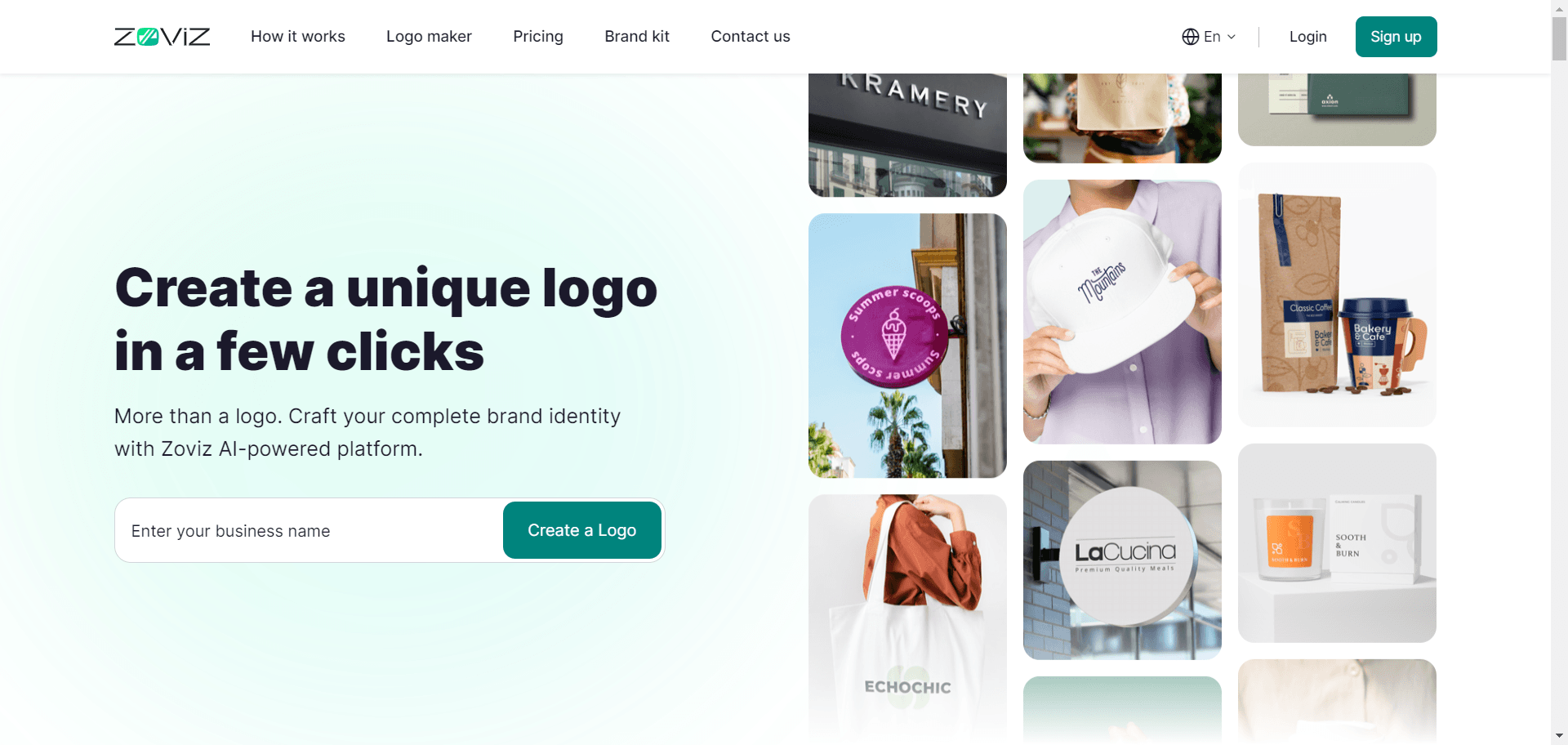 Zoviz homepage featuring "Create a unique logo in a few clicks" headline with a collage of branded products like hats, bags, and signage.