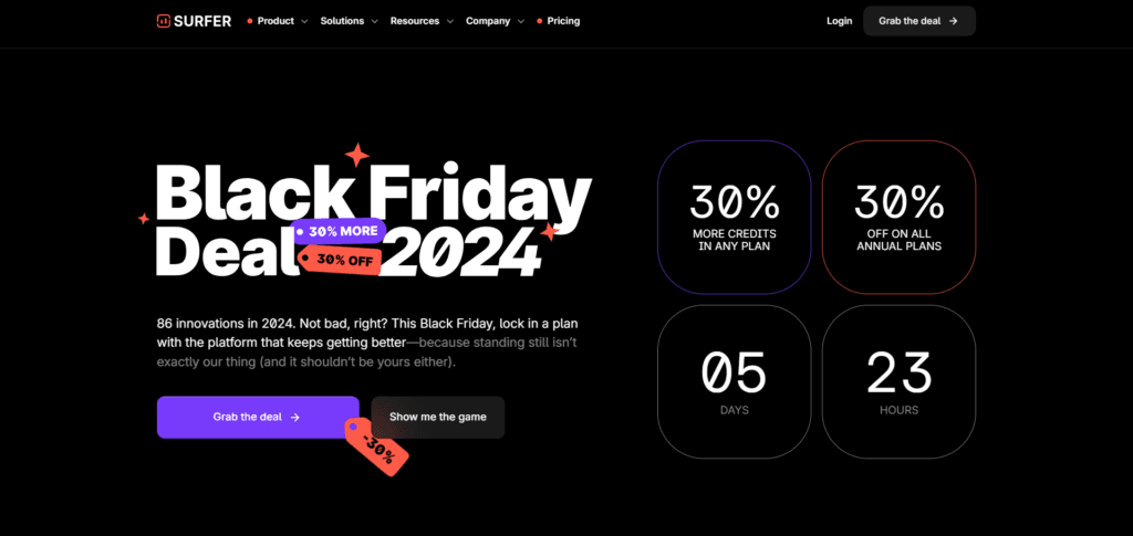 Surfer SEO Black Friday landing page for 2024