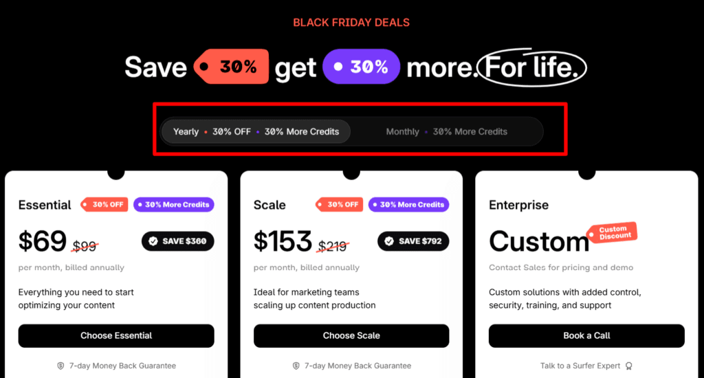 Surfer SEO monthly or annual button