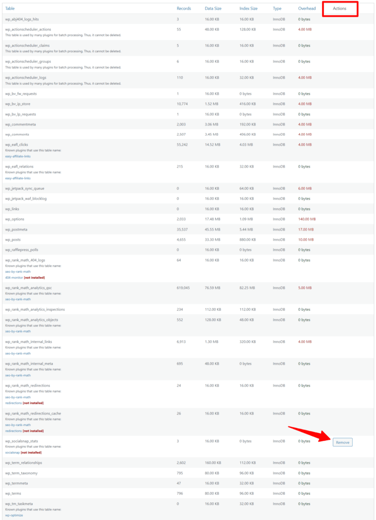 WP-Optimize table tab 
