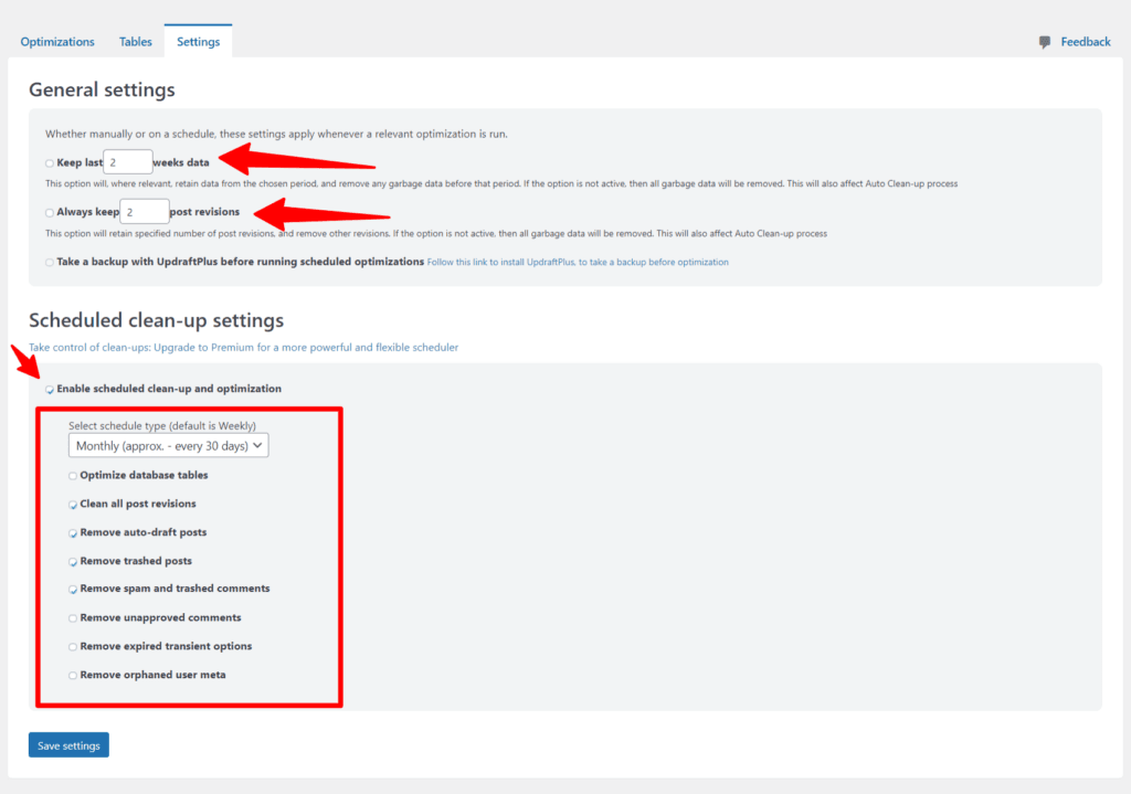 WP-Optimize automatic optimization schedule setting page