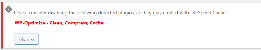 LiteSpeed cache conflict error message with WP-Optimize