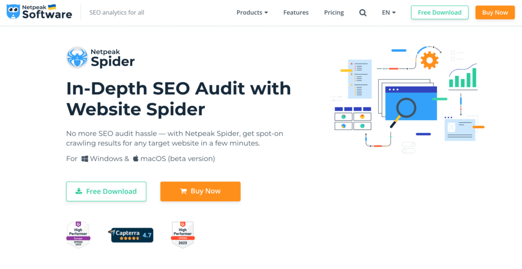 Screenshot of Netpeak Spider SEO software homepage showing the main heading "In-Depth SEO Audit with Website Spider" alongside the Netpeak Spider logo featuring a blue spider icon. The page includes descriptive text explaining the software provides spot-on crawling results, notes compatibility with Windows and macOS (beta), and displays two call-to-action buttons - a mint green "Free Download" and an orange "Buy Now" button. At the bottom are three award badges from G2 and Capterra. The right side features an illustration with SEO-related icons including a browser window with magnifying glass, flowcharts, gears, and analytics graphs in blue, orange and green colors. The top navigation bar shows the Netpeak Software logo with Ukrainian flag, "SEO analytics for