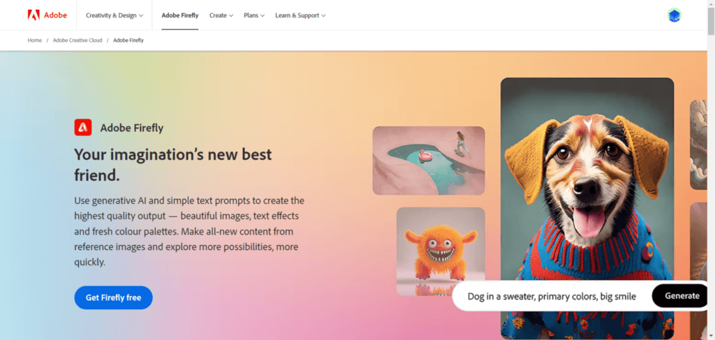 Adobe Firefly homepage featuring the "Unleash your creativity" headline and a grid of AI modules including "Text to image," "Generative fill," "Text to video," and "Text to vector."