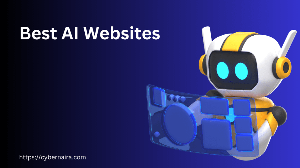 Featured image showing the text “Best AI Websites” with a futuristic robot using a transparent digital interface on a blue background.