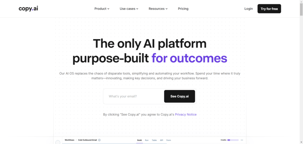 Copy.ai AI writing platform homepage showing the headline “The only AI platform purpose-built for outcomes” with an email signup field.