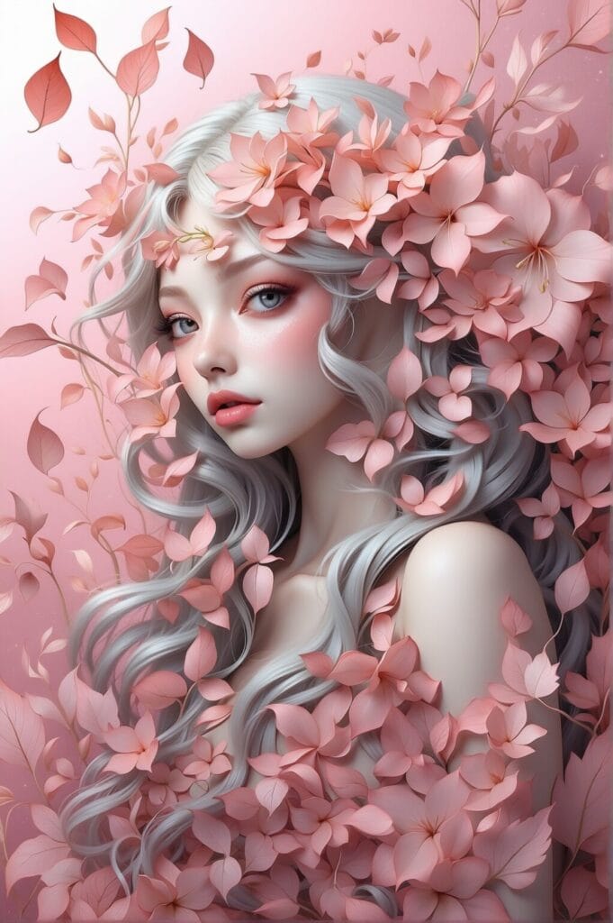 An ethereal digital portrait of a beautiful young woman with long, flowing silver-grey hair, surrounded by a lush arrangement of delicate pink flowers and leaves against a soft pink background.