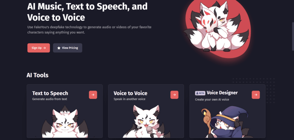 FakeYou AI voice generator homepage showing AI tools for text to speech, voice to voice, and voice designer.