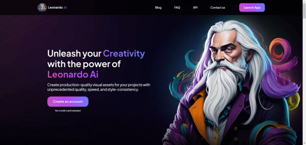 Leonardo AI homepage featuring a wizard character with long white hair and beard, highlighting the "Unleash your Creativity" tagline and a purple "Create an account" button.