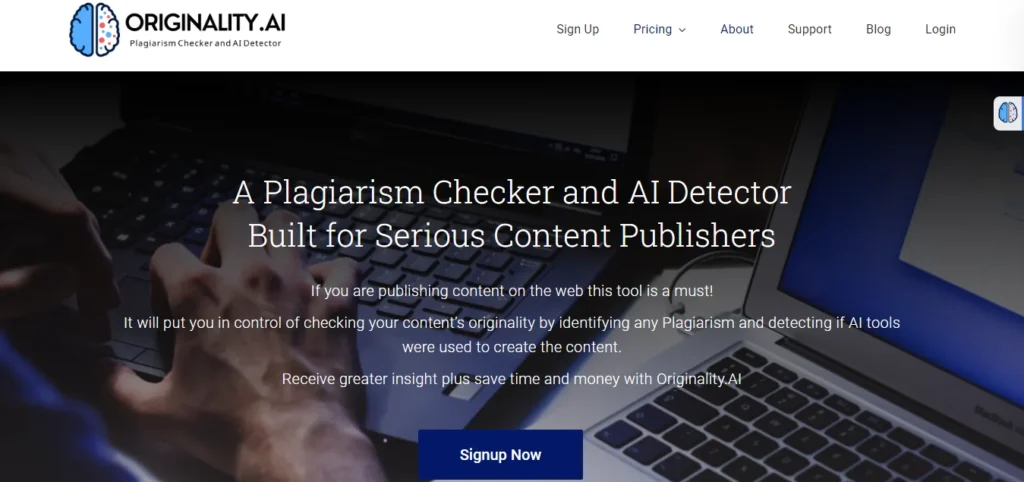 Originality AI plagiarism checker and AI detector homepage showing the headline “A Plagiarism Checker and AI Detector Built for Serious Content Publishers.”