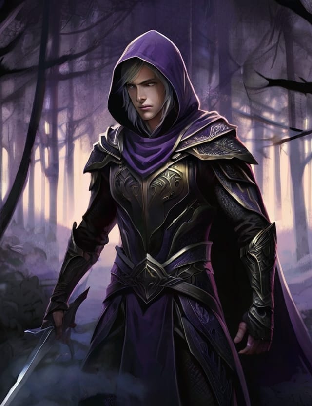 Digital fantasy illustration of a silver-haired male warrior wearing ornate purple and gold armor with a hooded cloak, holding a sword in a misty forest.
