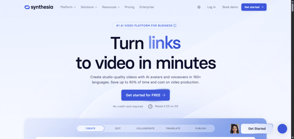 Synthesia AI video platform homepage showing the headline “Turn links to video in minutes” with a Get started for free button and navigation menu.