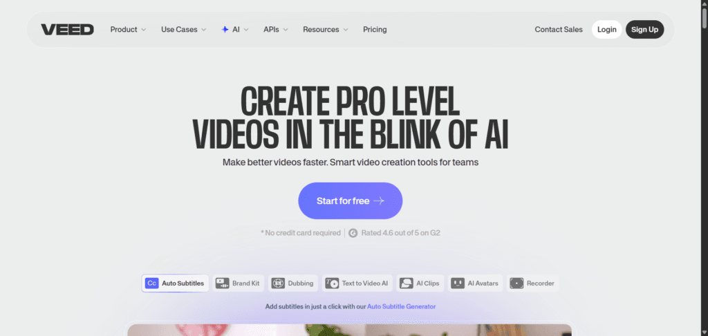 VEED.io homepage featuring the headline "Create Pro Level Videos in the Blink of AI" with a "Start for free" button and a toolbar showing AI tools like Auto Subtitles, Dubbing, and AI Avatars.