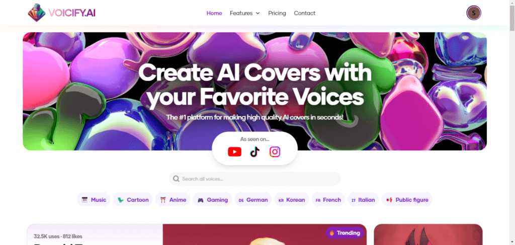 Voicify AI homepage banner displaying the headline "Create AI Covers with your Favorite Voices" against a vibrant background of 3D abstract shapes, featuring platform links and voice categories like Music, Cartoon, and Anime.