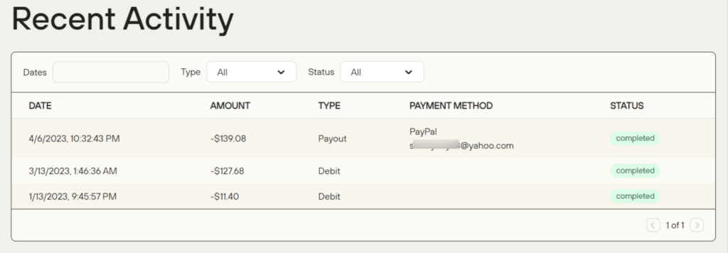 Dot.dev recent payment activity 