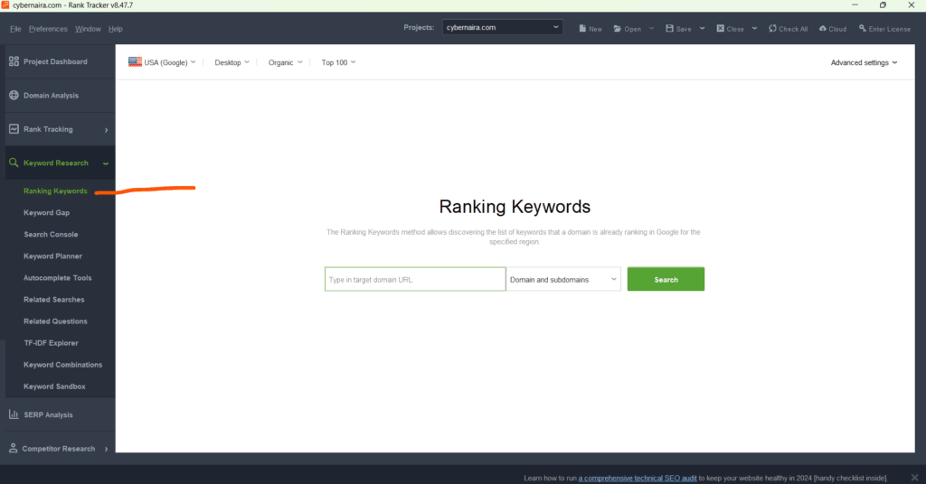 Ranking Keyword option in Rank Tracker