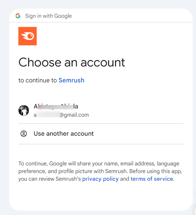 Sign with Google - Semrush account Signup 