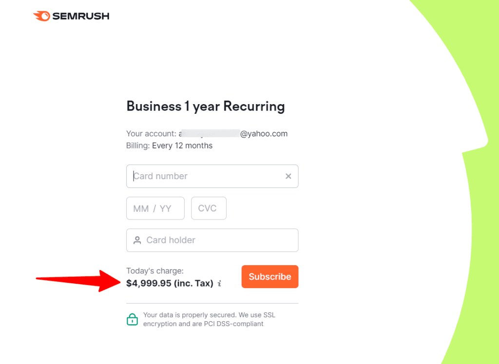 Semrush checkout cart with pricing examples