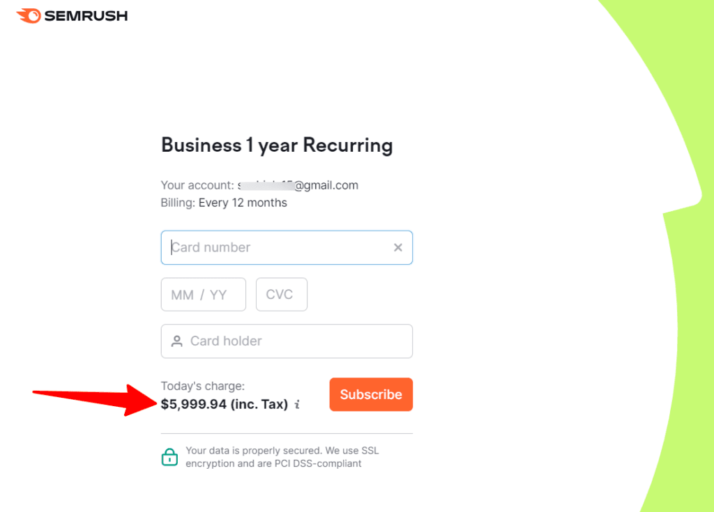 Semrush checkout cart with pricing examples for discount