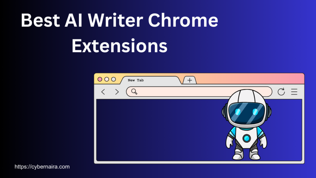 Best AI writer Chrome extensions featured image showing browser window illustration with AI robot assistant.