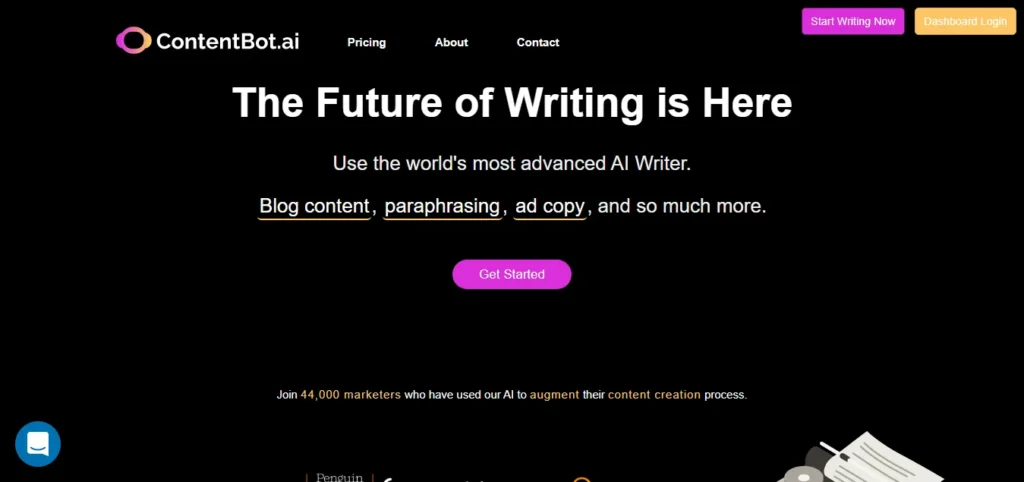 ContentBot.ai homepage showing AI writing tool for blog content paraphrasing and ad copy with get started button.