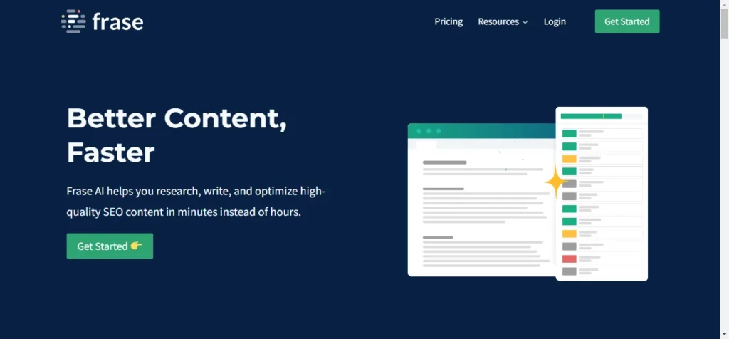Frase AI homepage showing SEO content optimization tool for writing and researching content faster with get started button.